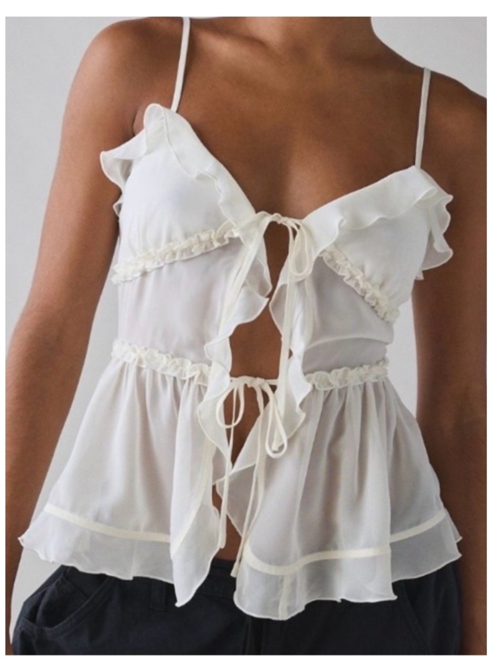 🟤NWT KIMCHI BLUE Beau Cascading Ruffle Tie-Front Flyaway Cami in White